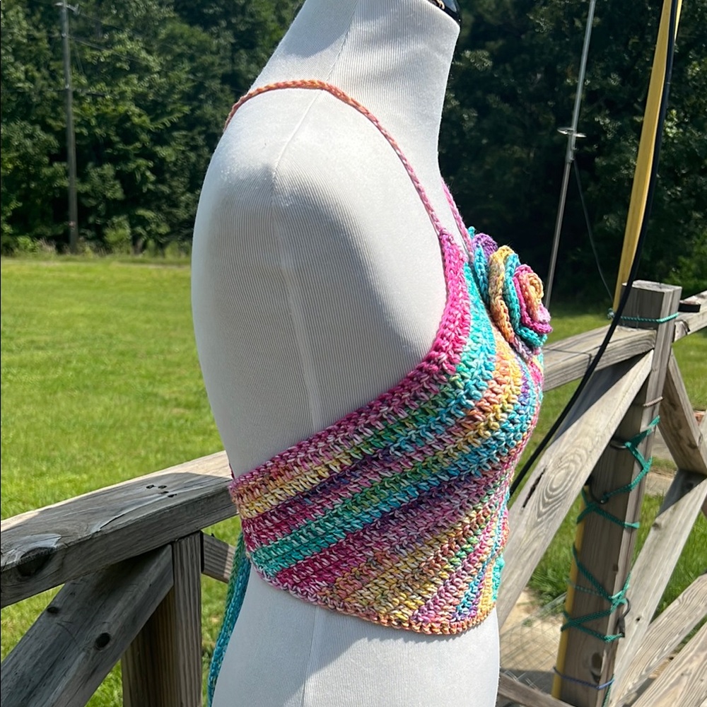 Colorful Crochet Halter Top with Rose Detail Handmade - Picture 4 of 6